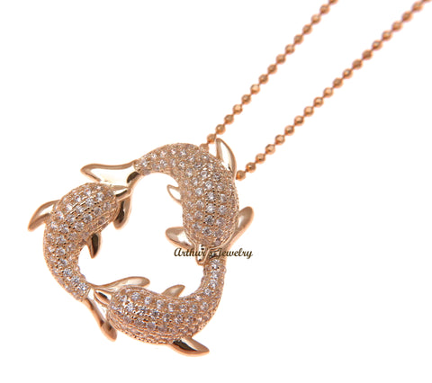 ROSE GOLD PLATED 925 STERLING SILVER HAWAIIAN 3 DOLPHIN PENDANT CZ 23.75MM