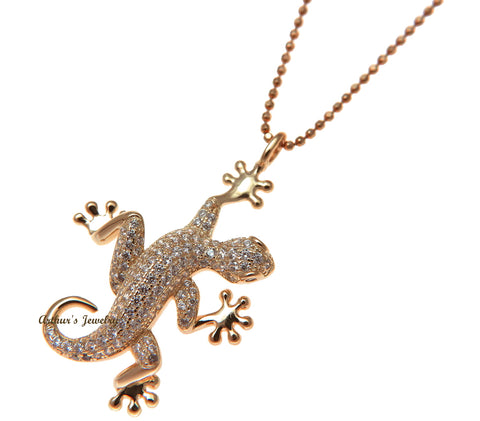 ROSE GOLD PLATED 925 STERLING SILVER HAWAIIAN GECKO PENDANT BLING CZ 23MM