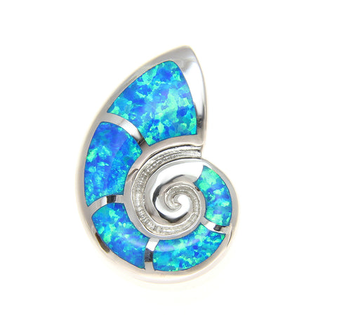 925 Sterling Silver Rhodium Hawaiian Nautilus Shell Blue Opal Slider Pendant
