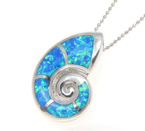 925 Sterling Silver Rhodium Hawaiian Nautilus Shell Blue Opal Slider Pendant