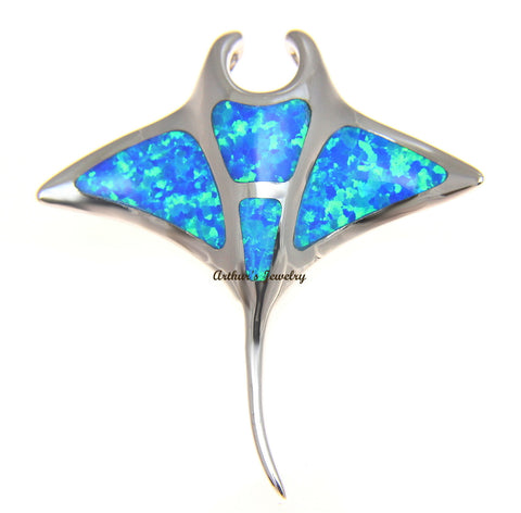 925 Sterling Silver Rhodium Hawaiian Large Manta Ray Blue Opal Slider Pendant