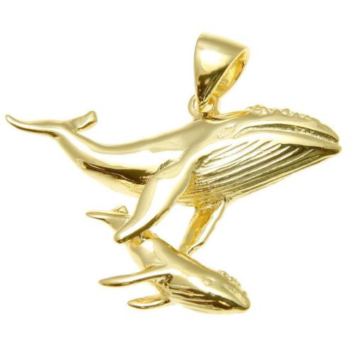 YELLOW ROSE GOLD PLATED SILVER 925 HAWAIIAN HUMPBACK WHALE MOTHER BABY  PENDANT