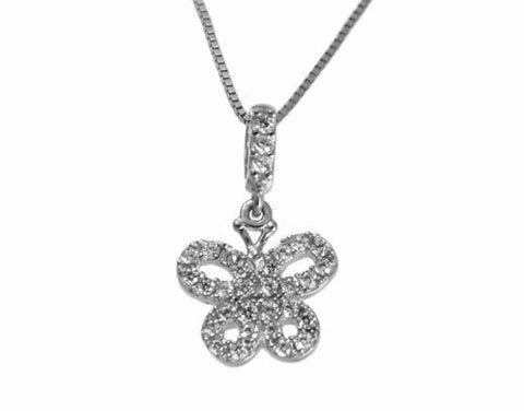 SOLID 14K WHITE GOLD SPARKLY BLING CLEAR CZ OUTLINE BUTTERFLY PENDANT SMALL 10MM