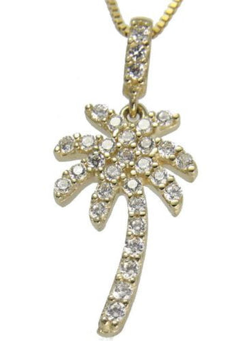 SOLID 14K YELLOW GOLD SPARKLY BLING CLEAR CZ HAWAIIAN PALM TREE PENDANT 10MM