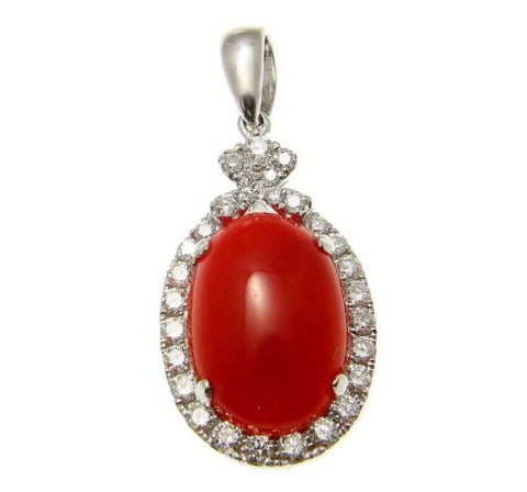 GENUINE NATURAL RED CORAL DIAMOND PENDANT SET IN SOLID 14K WHITE GOLD 13.25MM