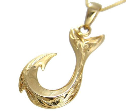 SOLID 14K YELLOW GOLD FISHHOOK WHALE TAIL HAND ENGRAVED HAWAIIAN