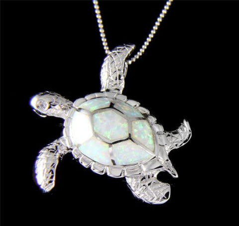 INLAY OPAL HAWAIIAN SEA TURTLE PENDANT SOLID 925 STERLING SILVER LARGE 35MM