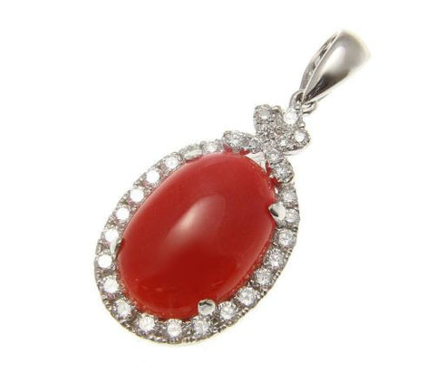 GENUINE NATURAL RED CORAL DIAMOND PENDANT SET IN SOLID 14K WHITE GOLD 13.25MM