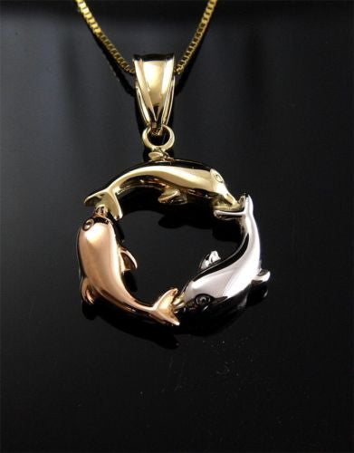 14K TRICOLOR GOLD HIGH POLISH 2 SIDED HAWAIIAN 3D DOLPHIN CIRCLE