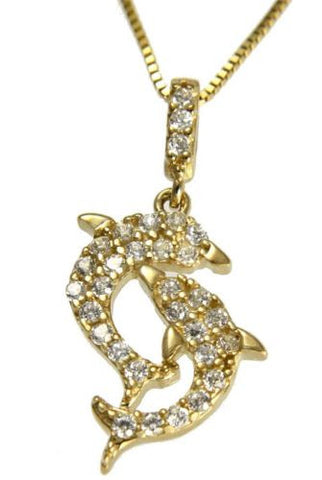 SOLID 14K YELLOW GOLD SPARKLY CLEAR CZ HAWAIIAN DOUBLE DOLPHIN PENDANT 12.5MM
