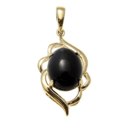 GENUINE NATURAL OVAL CABOCHON BLACK CORAL PENDANT IN SOLID 14K YELLOW GOLD