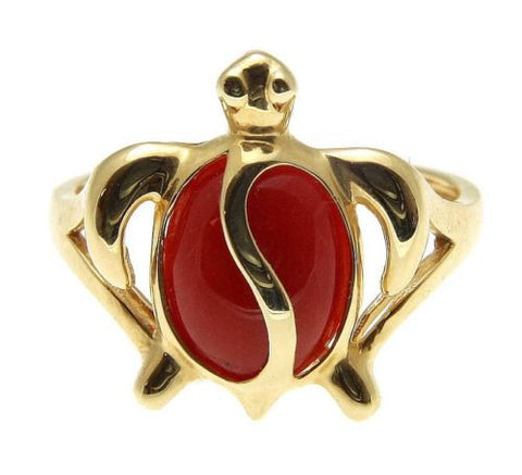 GENUINE NATURAL RED CORAL RING HAWAIIAN HONU TURTLE SOLID 14K YELLOW GOLD
