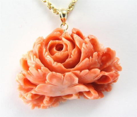 GENIUNE NATURAL CARVED PINK CORAL FLOWER PENDANT 14K YELLOW GOLD THICK HEAVY
