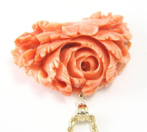 GENIUNE NATURAL CARVED PINK CORAL FLOWER PENDANT 14K YELLOW GOLD THICK HEAVY