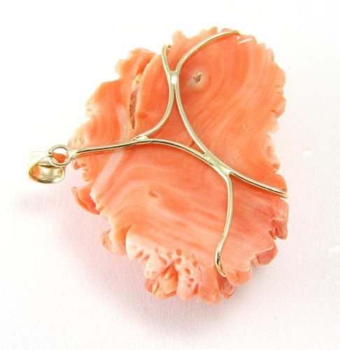 GENIUNE NATURAL CARVED PINK CORAL FLOWER PENDANT 14K YELLOW GOLD THICK HEAVY