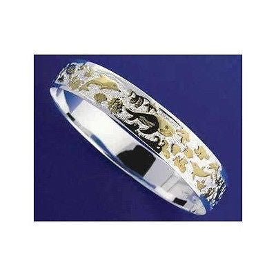 SILVER 925 HAWAIIAN BANGLE BRACELET SEALIFE SMOOTH EDGE 10MM 2 TONE