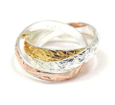 STERLING SILVER 925 TRICOLOR 3 IN 1 HAWAIIAN SCROLL PLUMERIA MAILE LEAF RING