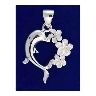 SILVER 925 HAWAIIAN PLUMERIA SHINY DOLPHIN PENDANT HEART DESIGN