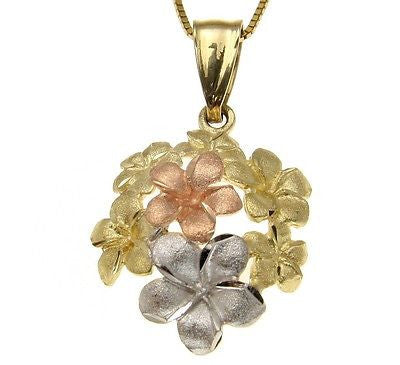 SOLID 14K TRI COLOR YELLOW PINK ROSE WHITE GOLD HAWAIIAN PLUMERIA FLOWER PENDANT
