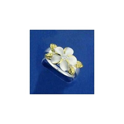 STERLING SILVER 925 HAWAIIAN 12MM PLUMERIA FLOWER YG 2 TONE MAILE LEAF CZ RING