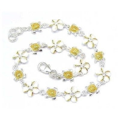 YELLOW GOLD PLATED 2T SILVER 925 HAWAIIAN BABY TURTLE 8MM PLUMERIA ANKLET 9 1/2"