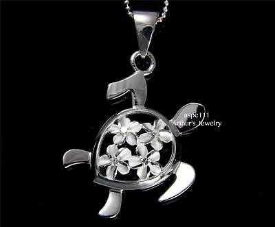 STERLING SILVER 925 HAWAIIAN HONU TURTLE 4 PLUMERIA FLOWER PENDANT CZ