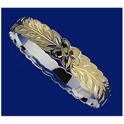 SILVER 925 HAWAIIAN BANGLE BRACELET PLUMERIA MAILE LEAF LEAVES LEI 10MM 2 TONE