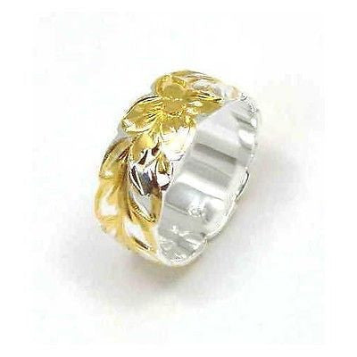 925 STERLING SILVER YELLOW GOLD 2 TONE HAWAIIAN PLUMERIA MAILE LEAF 8MM RING