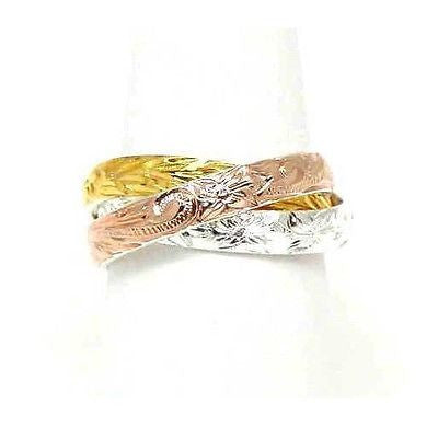 STERLING SILVER 925 TRICOLOR 3 IN 1 HAWAIIAN SCROLL PLUMERIA MAILE LEAF RING