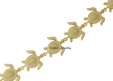 YELLOW GOLD PLATED SOLID 925 SILVER HAWAIIAN SEA TURTLE LINK BRACELET CZ 7.5INCH