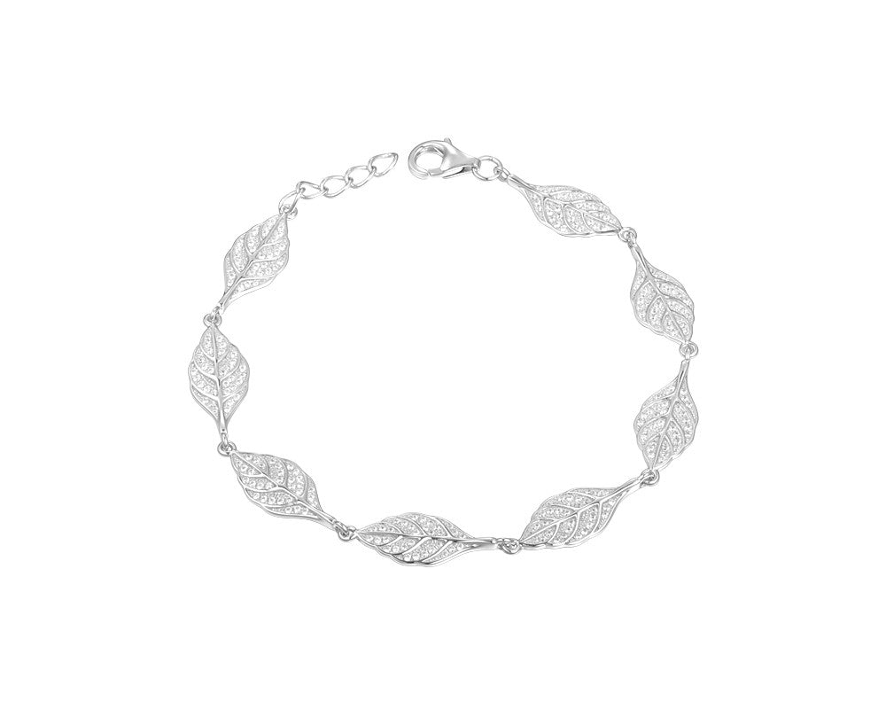 SOLID 925 STERLING SILVER HAWAIIAN MAILE LEAF LINK BRACELET CZ RHODIUM 7 INCH