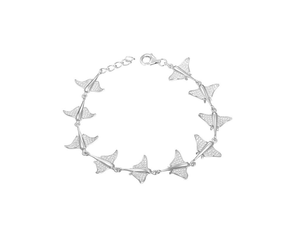 SOLID 925 STERLING SILVER HAWAIIAN STINGRAY FISH LINK BRACELET CZ RHODIUM 7 INCH