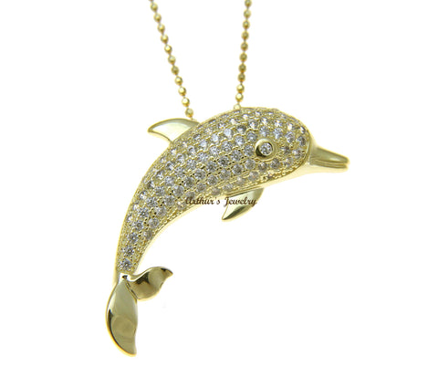 YELLOW GOLD PLATED 925 STERLING SILVER HAWAIIAN DOLPHIN PENDANT CZ 36MM