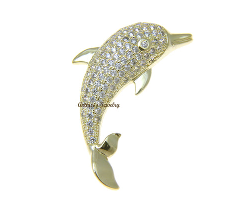 YELLOW GOLD PLATED 925 STERLING SILVER HAWAIIAN DOLPHIN PENDANT CZ 36MM