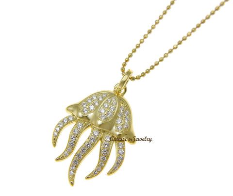 YELLOW GOLD PLATED 925 STERLING SILVER HAWAIIAN JELLY FISH PENDANT CZ 18.25MM
