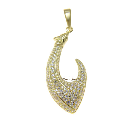 YELLOW GOLD PLATED 925 STERLING SILVER HAWAIIAN FISH HOOK PENDANT CZ 16MM