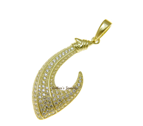 YELLOW GOLD PLATED 925 STERLING SILVER HAWAIIAN FISH HOOK PENDANT CZ 16MM