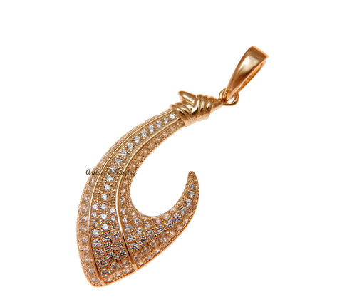 ROSE GOLD PLATED 925 STERLING SILVER HAWAIIAN FISH HOOK PENDANT CZ 16MM