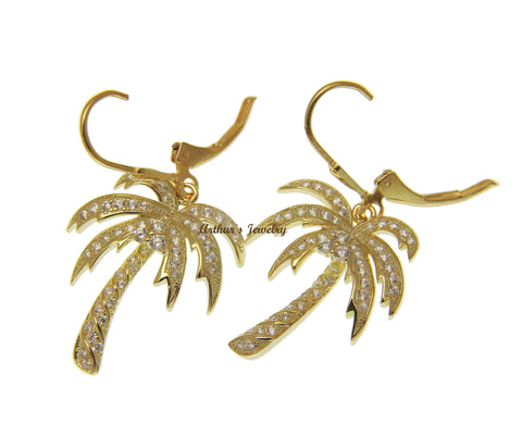 YELLOW GOLD PLATED SILVER 925 BLING CZ HAWAIIAN PALM TREE LEVERBACK EARRINGS