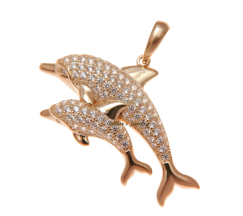 ROSE GOLD PLATED 925 SILVER HAWAIIAN DOLPHIN MOTHER BABY PENDANT CZ 38.35MM