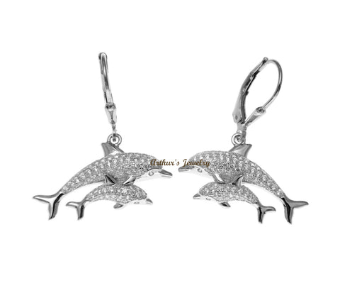 RHODIUM PLATED SILVER 925 CZ HAWAIIAN DOLPHIN MOTHER BABY LEVERBACK EARRINGS