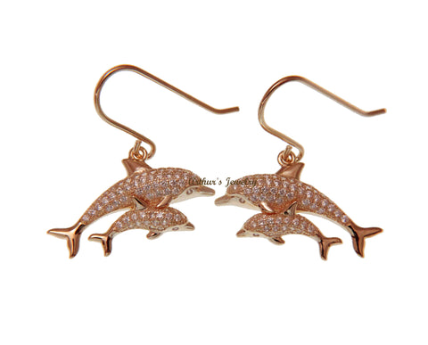PINK ROSE GOLD PLATED SILVER 925 CZ HAWAIIAN DOLPHIN MOTHER BABY HOOK EARRINGS
