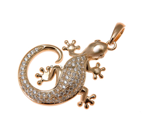 ROSE GOLD PLATED 925 STERLING SILVER HAWAIIAN GECKO PENDANT BLING CZ 25MM