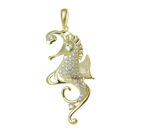 YELLOW GOLD PLATED 925 STERLING SILVER HAWAIIAN SEAHORSE PENDANT BLING CZ 20MM