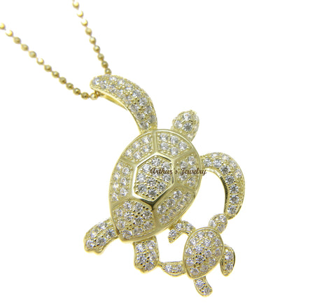 YELLOW GOLD PLATED 925 SILVER HAWAIIAN SEA TURTLE MOTHER BABY SLIDE PENDANT CZ
