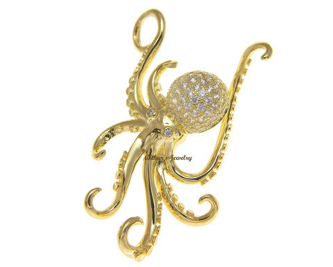YELLOW GOLD PLATED SOLID 925 STERLING SILVER HAWAIIAN OCTOPUS SLIDE PENDANT CZ 29MM