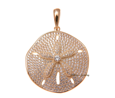 ROSE GOLD PLATED 925 STERLING SILVER HAWAIIAN SAND DOLLAR PENDANT CZ 29MM