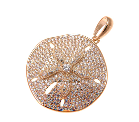 ROSE GOLD PLATED 925 STERLING SILVER HAWAIIAN SAND DOLLAR PENDANT CZ 29MM