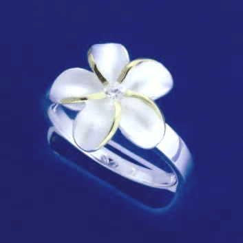 SILVER 925 HAWAIIAN PLUMERIA FLOWER RING 15MM CZ 2 TONE SZ 4- 10
