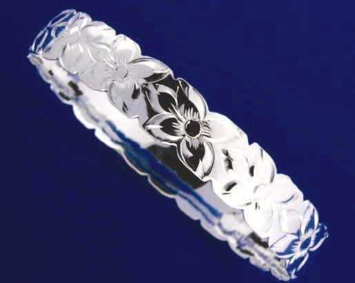 SILVER 925 HAWAIIAN BANGLE BRACELET PLUMERIA FLOWER ALL AROUND CUT OUT EDGE 6MM